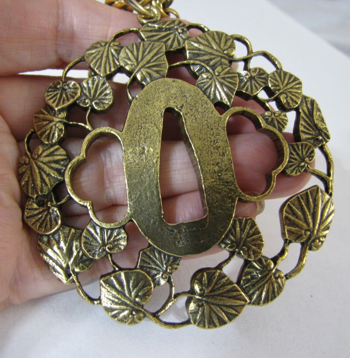 Vintage Alva Museum Replica Hollyhock Tsuba Pendant 30″ Rope Chain Signed Huge