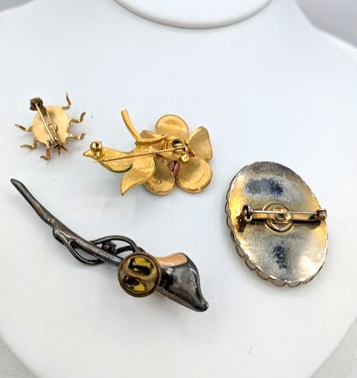 Vintage Flower Brooch Lot Rose Ladybug Enamel Floral Pins 4 Piece Collection