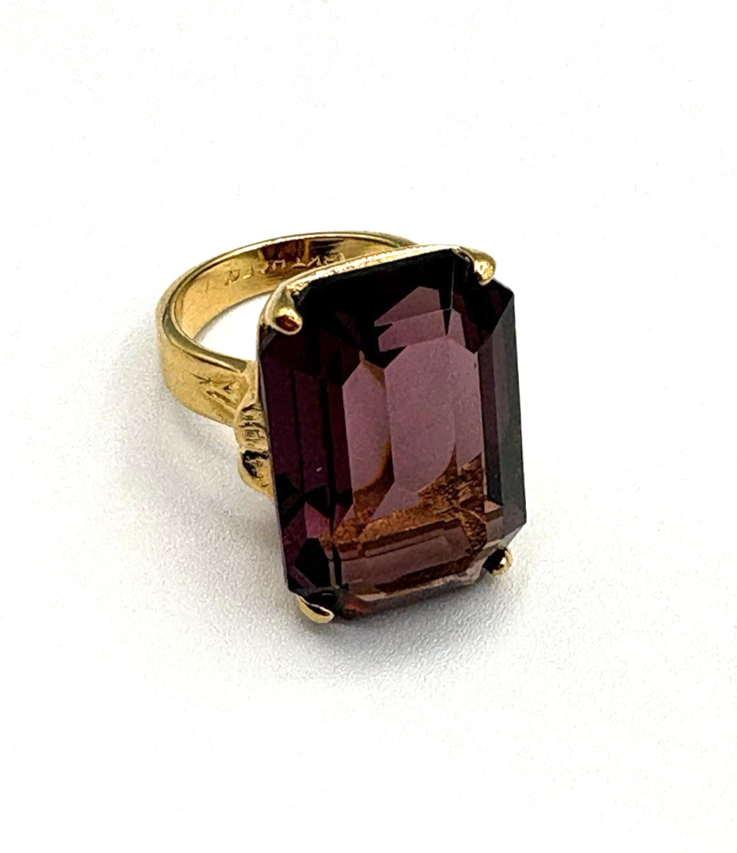 18K HGE Emerald Cut Purple Stone Vintage Rectangular Cocktail Statement Ring
