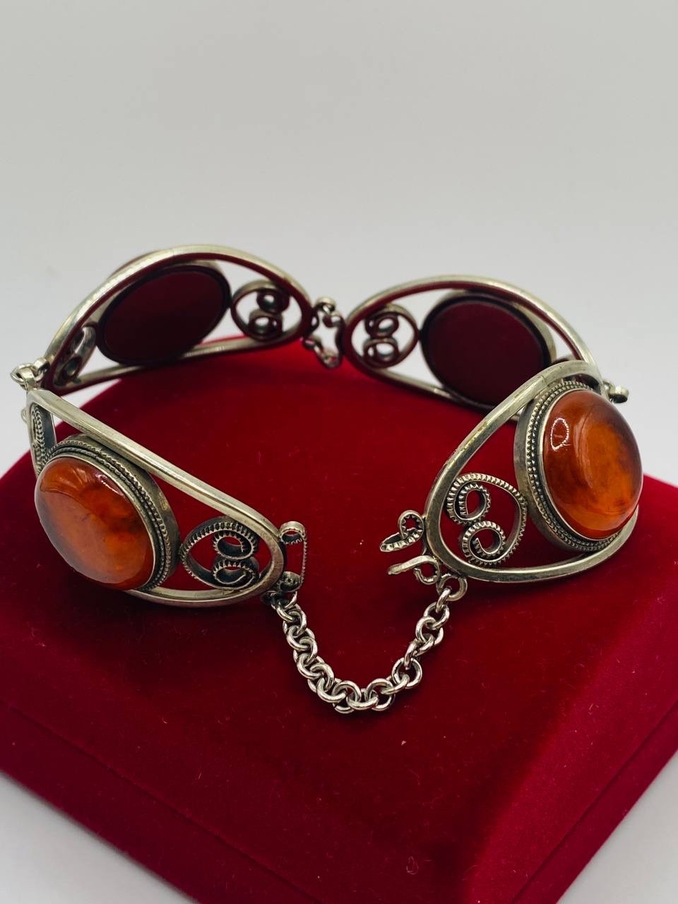 Antique Soviet filigree Chalcedony Silver Bracelet Hand Crafted