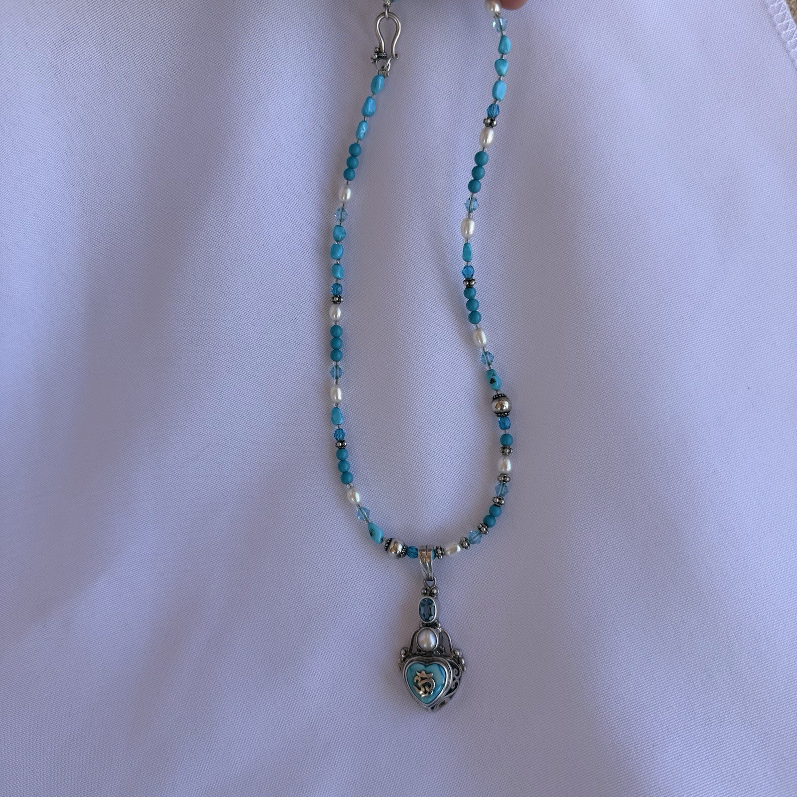 Vintage Signed By Shankari Silver 925 Necklace With Pearl And Aquamarine Stone