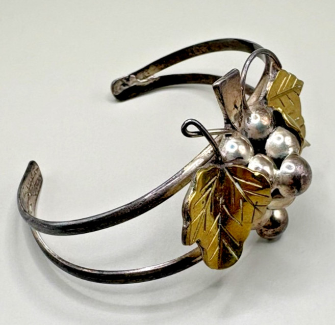 Vintage Mexico 925 Sterling Silver Grape Vine Cuff Bracelet Brass Leaves 26.1g