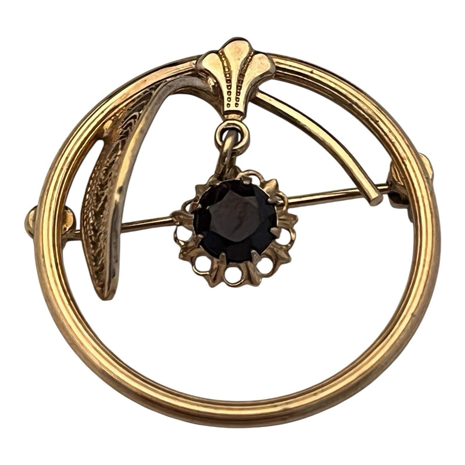 Vintage 1940s Garnet Drop Circle Brooch 14K Gold Overlay Pin – 7S