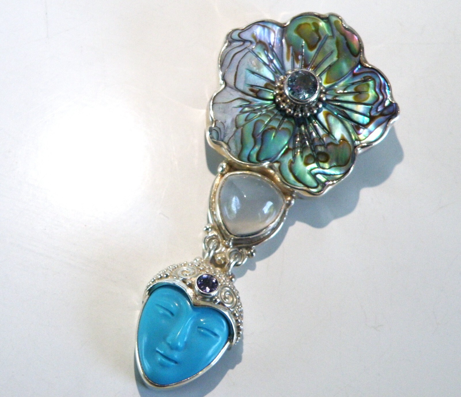 Sajen Sterling Silver 925 Large Carved Turquoise Goddess Brooch Pin Pendant