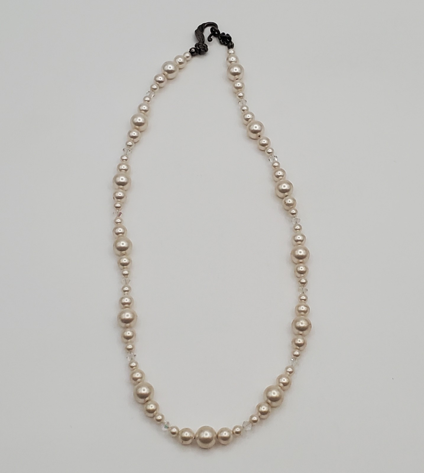 VTG 925 Faux Pearl Bicone Crystal Necklace 18in Sterling Silver 24gtw Estate