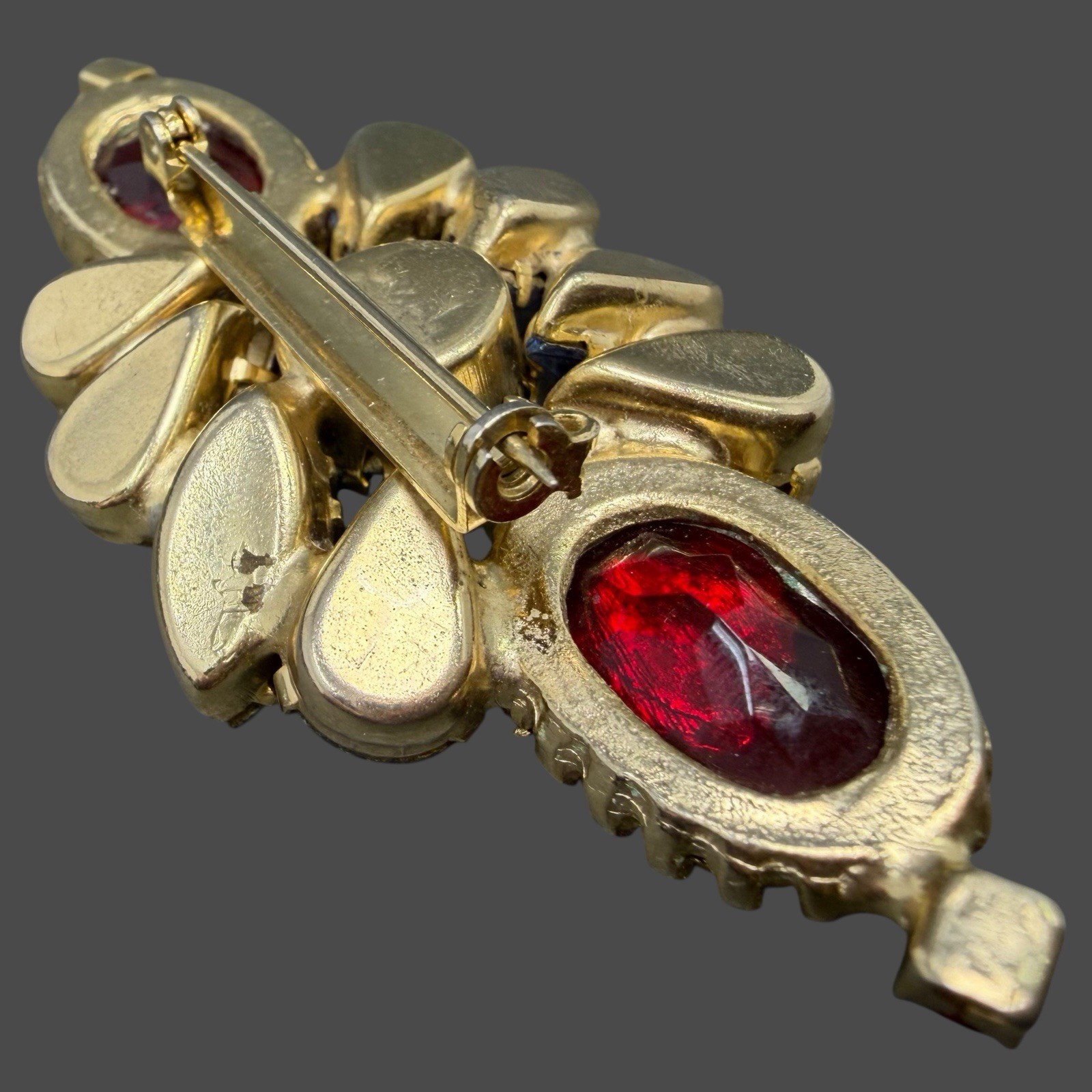 Vintage Gold Tone Red Cab Purple Pink Rhinestone Floral Linear Bar Brooch