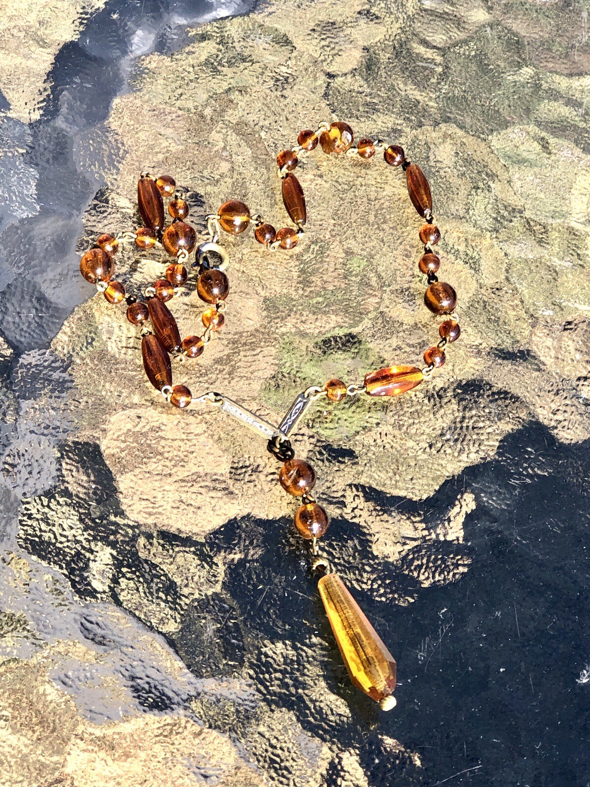 Vintage Art Deco Amber Glass Lariat Necklace With Teardrop Amber Drop