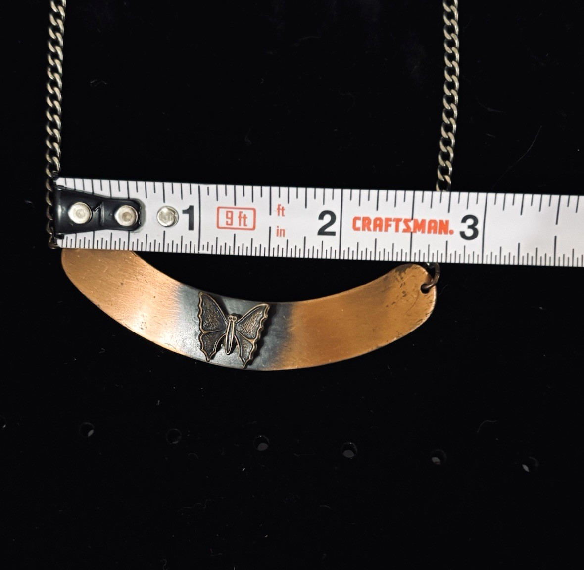 Vtg Curved Bar Pendant Chain Butterfly Choker Necklace Copper Tone 13″