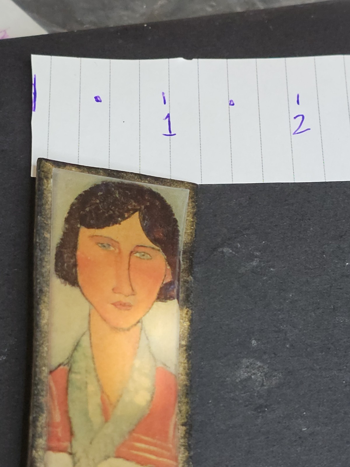 Vintage Woman Portrait Folk Art Brooch Pin Signed CR Wood Backing Rectangle
