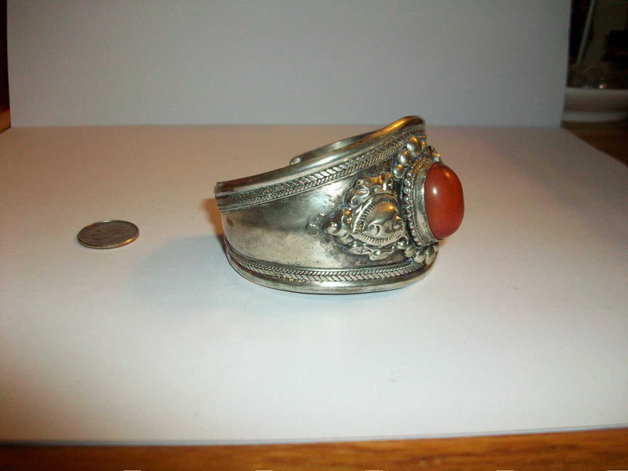VTG Tribal Style Tibetan Silver Cuff W/Carnelian Stone & Ornate Design