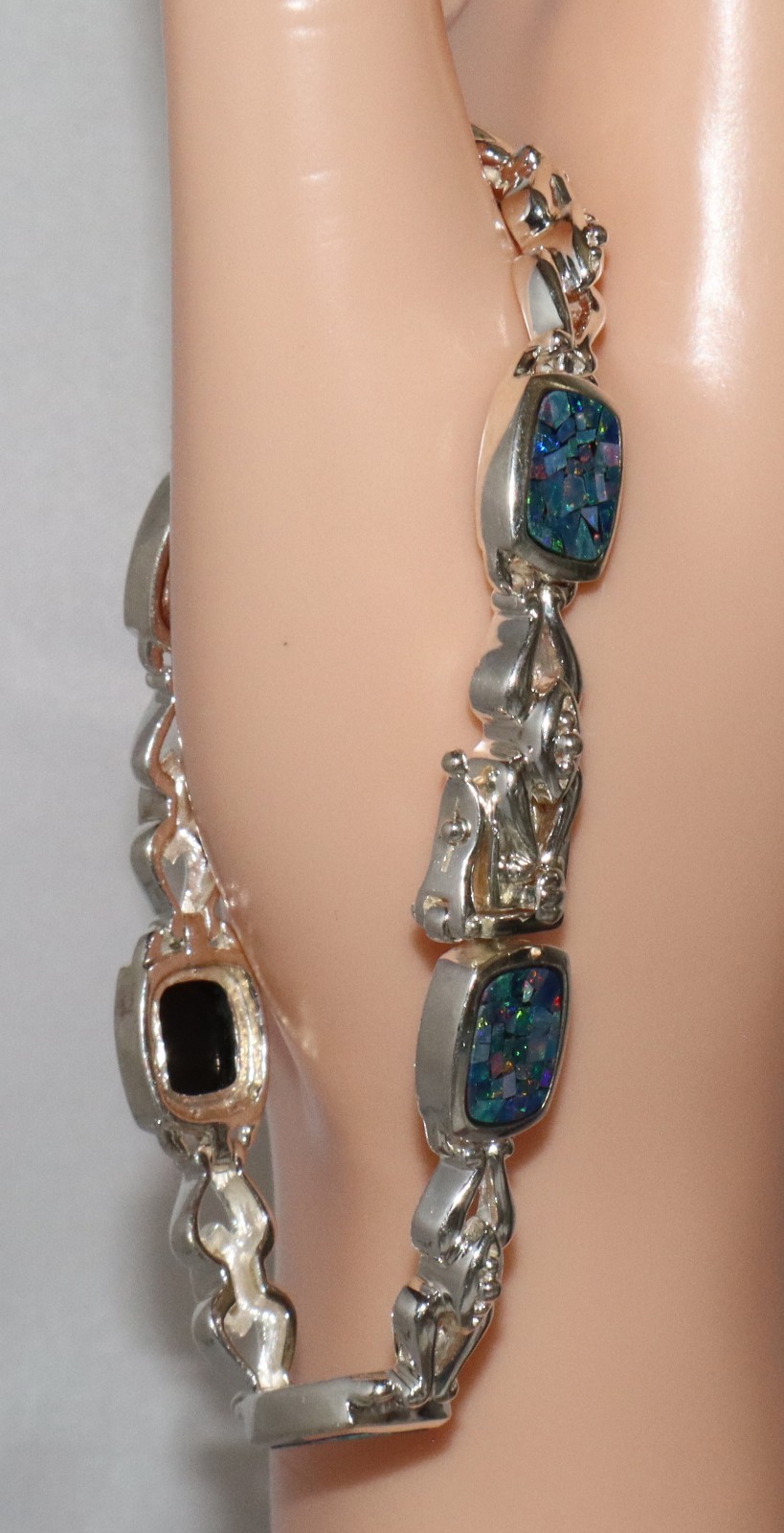 Vintage Sterling Silver Mosaic Opal Gem Inlay Link Michelle Albala Bracelet 7.5