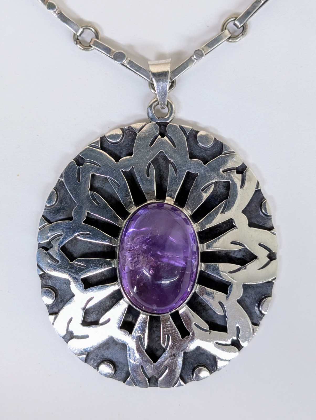 Large 2.88″ Vintage Native American Sterling Silver Cab Amethyst Pendant w Chain