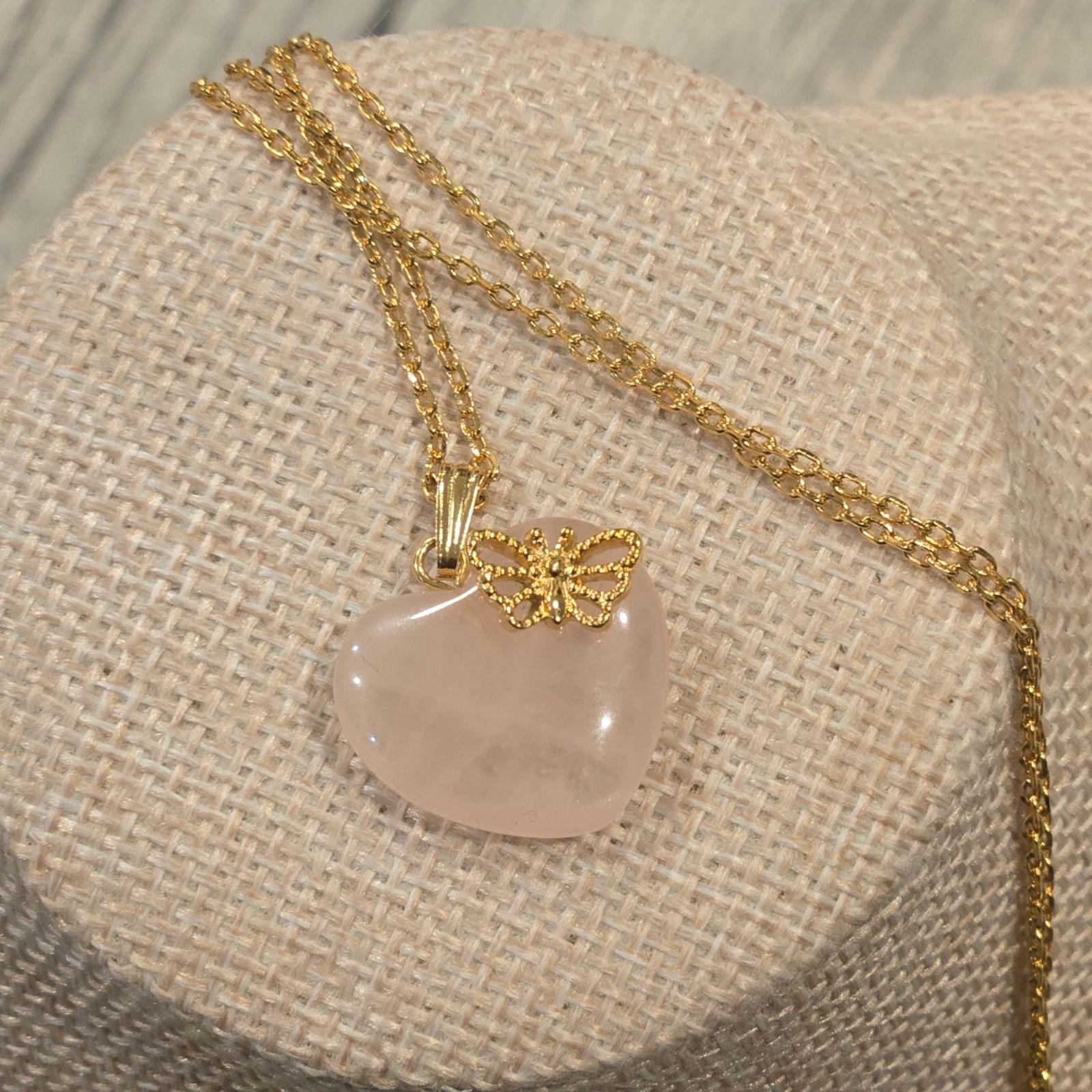 Vintage Avon Rose Quartz Heart Butterfly Pendant Necklace Gold Tone pink Gem