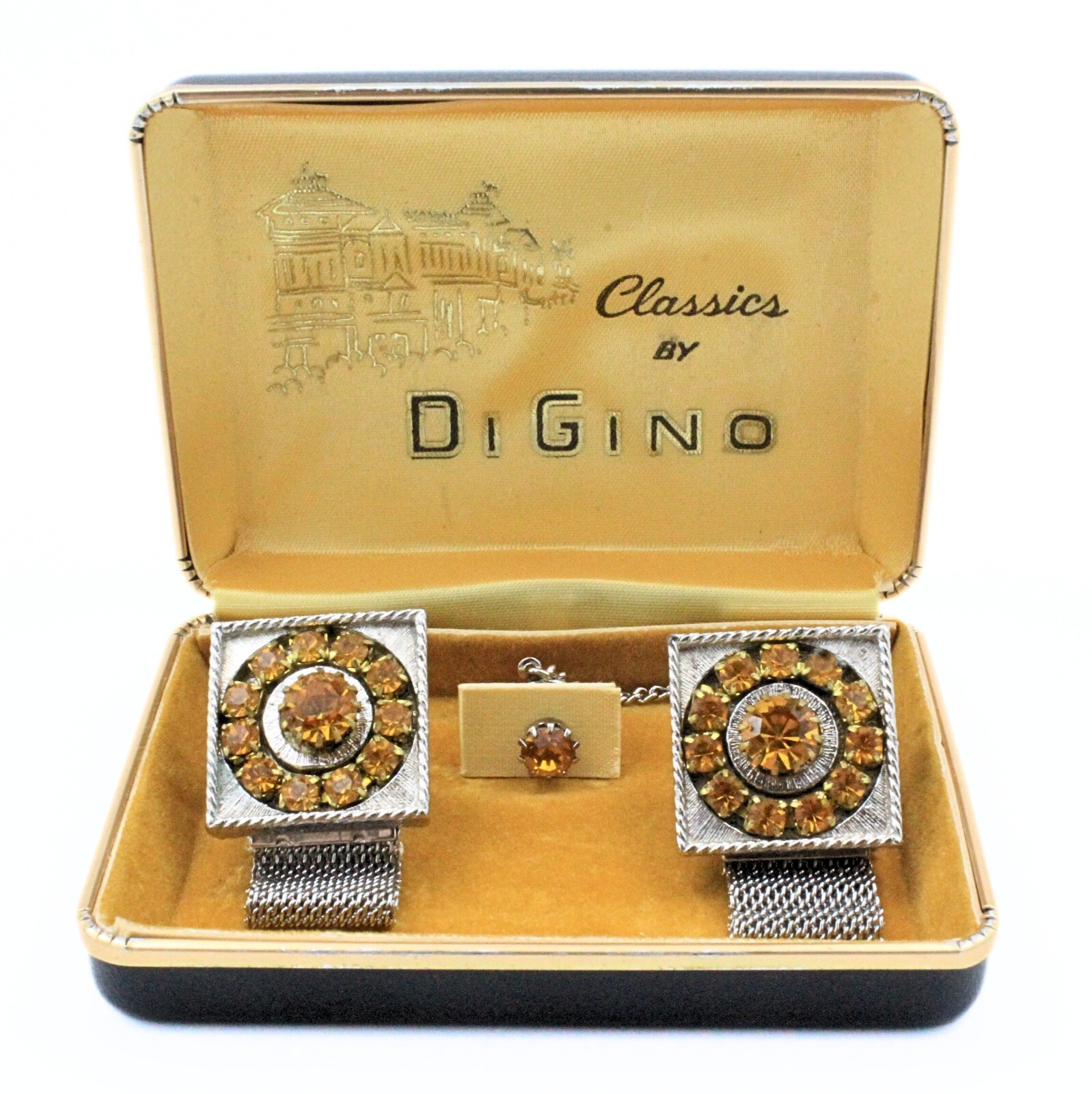 Di Gino Designer Retro Yellow Rhinestones Cufflinks Tie Tac Set