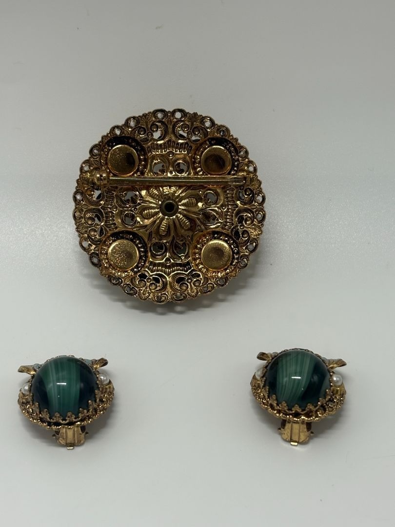 W. Germany Gold/Green Vintage 1950s Layered Filigree Brooch & Earrings Parure Se