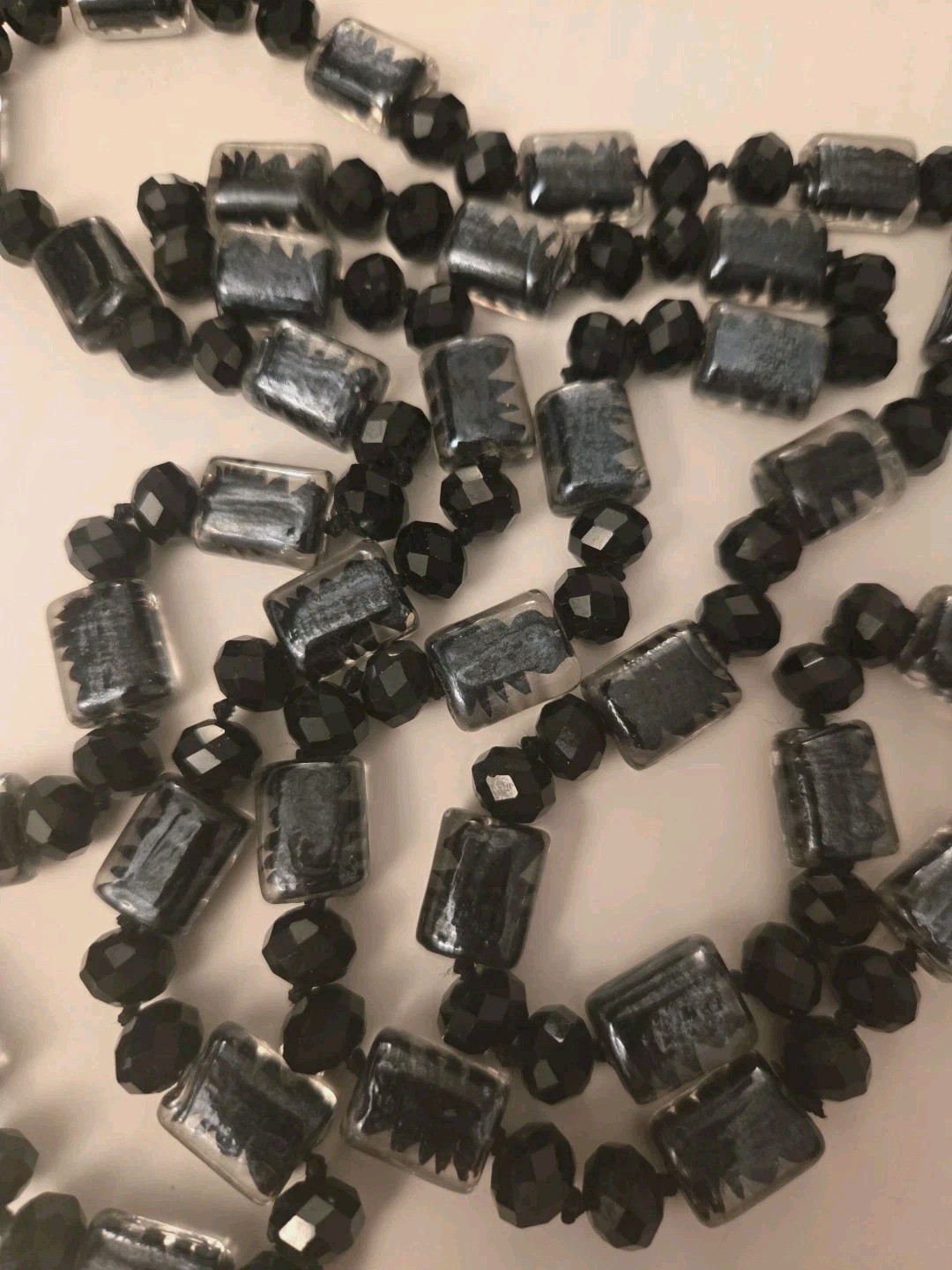 Antique Paris Necklace Black and Clear Glass Beads 1920s Flapper Xtra Long