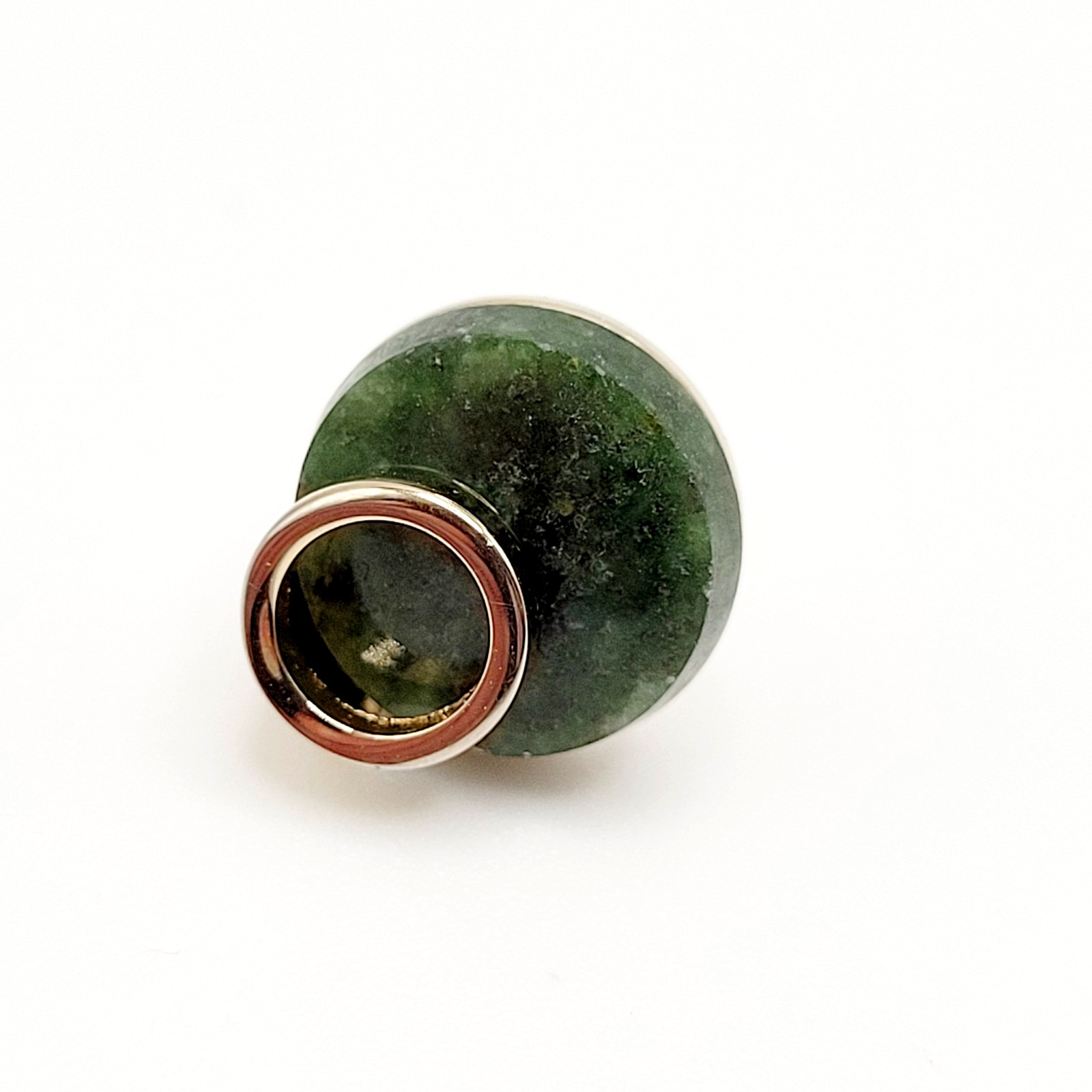 Modernist Style Dark Green Jadeite Stone Disc Open Circle Gold Tone Tie Tack Pin
