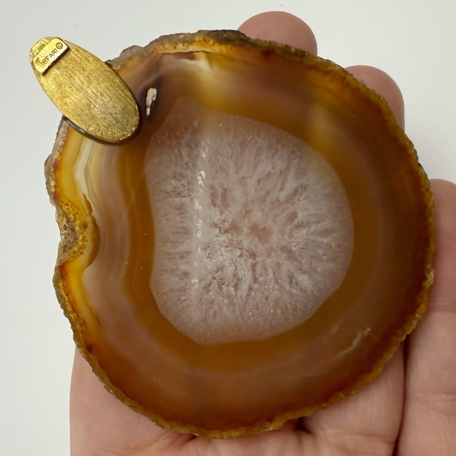 Vintage Crown Trifari Signed Geode Agate Slab Slice Goldtone Pendant