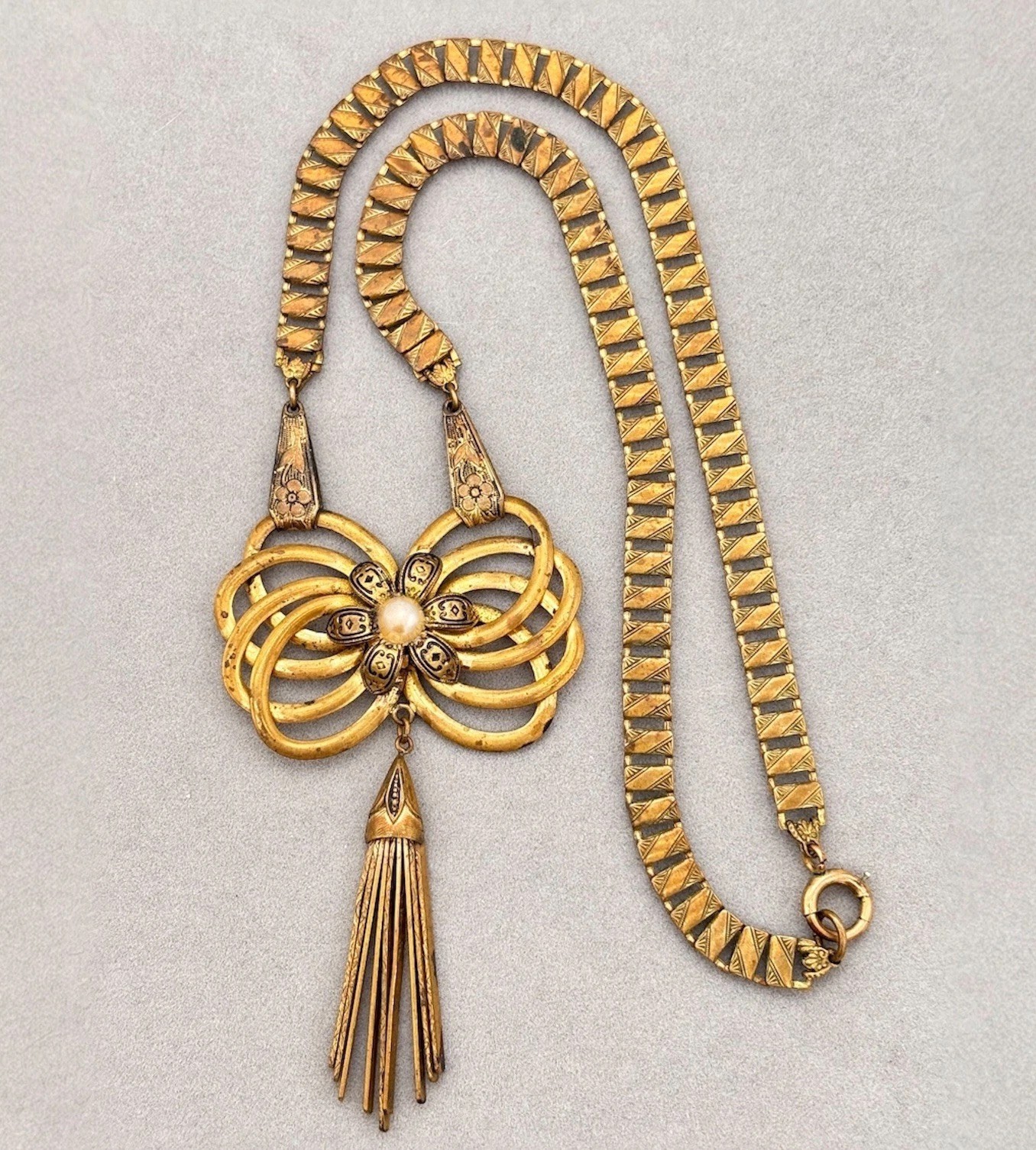 Antique Book Chain Gold Tone Necklace Floral Etched Bow Articulated Pendant