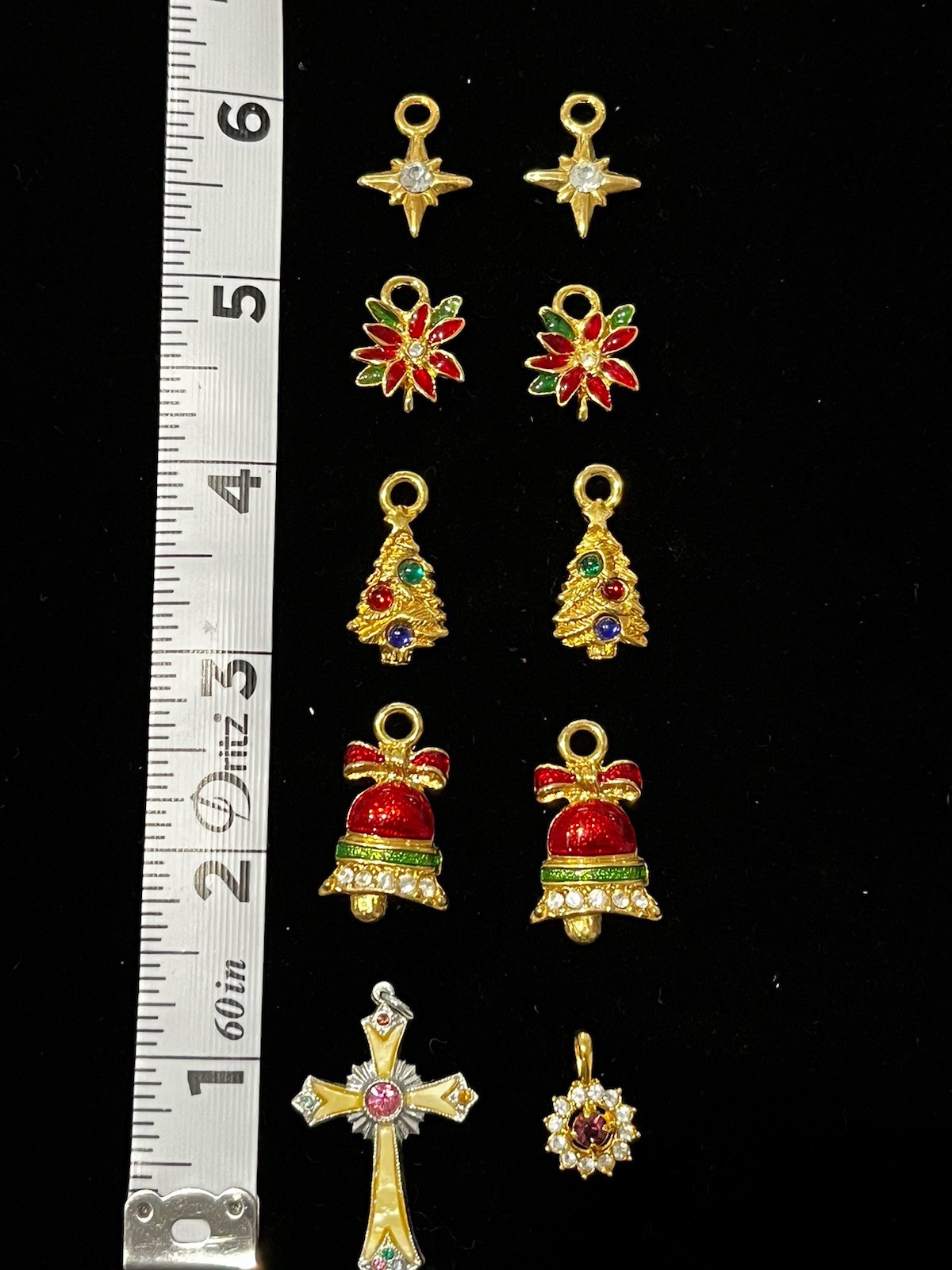 Vintage Christmas Pendant Charms Enamel & Rhinestone Ac Tree Cross Star Lot of 8