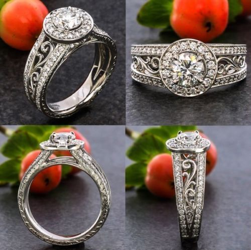 Art Deco Style 1 Ct White Round Cut Simulated Diamond Wedding Ring In 925 Silver