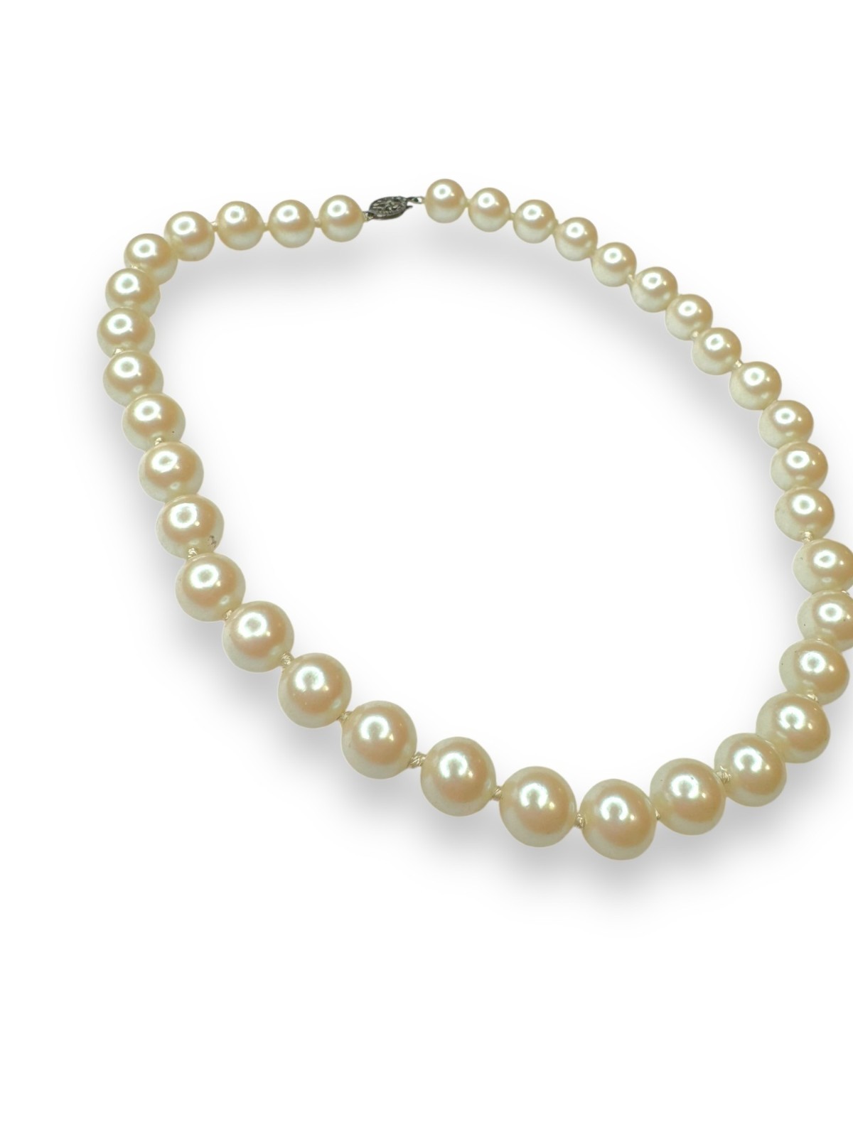 Faux Pearl Necklace Sterling Silver Fish Hook Clasp Vintage 16″