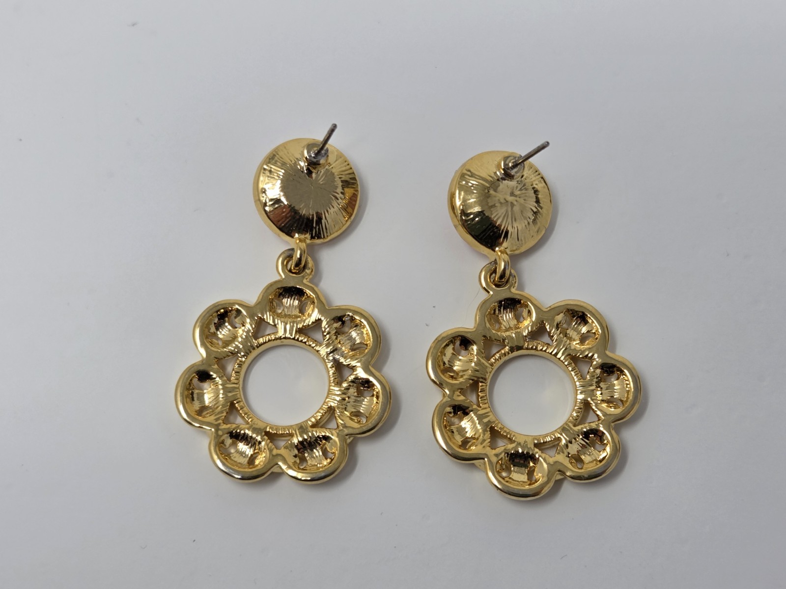 Gold Tone & Pink Acrylic Rhinestone Dangle Drop Hoop Earrings Vintage 1.7 Inches