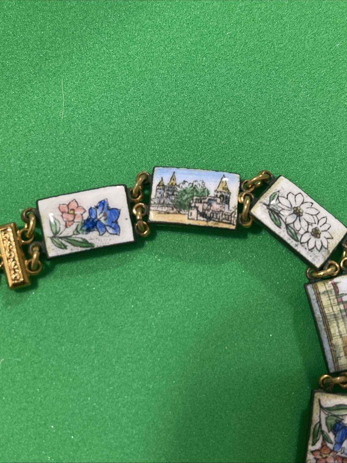 Vintage Enamel Budapest Souvenir Bracelet Showing Buildings & Colorful Flowers