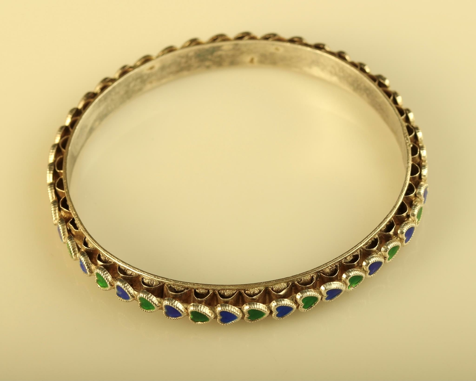 Vintage Sterling handmade Enamel Green and Blue Puff Heart Bangle Bracelet
