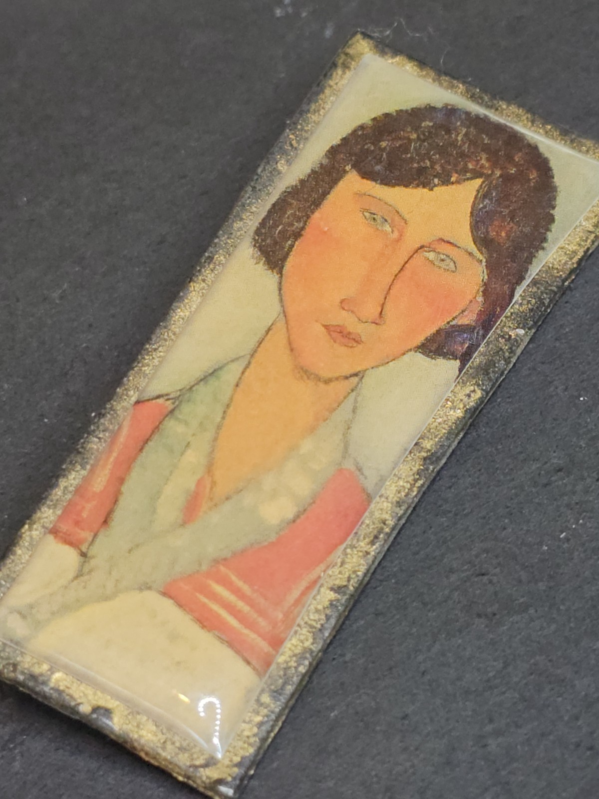Vintage Woman Portrait Folk Art Brooch Pin Signed CR Wood Backing Rectangle