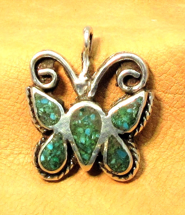 Vintage Sterling Silver Turquoise Chip Inlay Butterfly Necklace Pendant #7