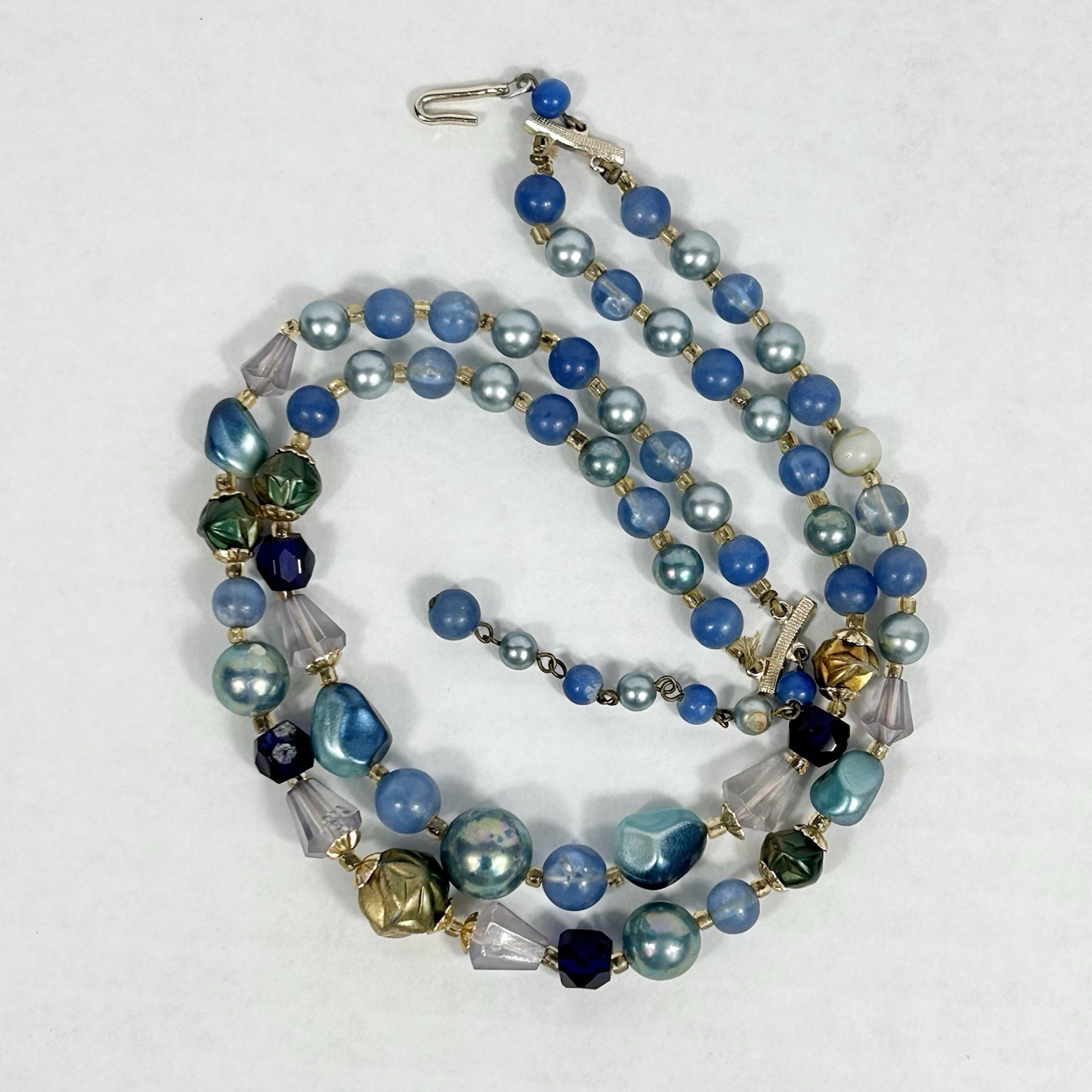 Vintage JAPAN Double Strand Blue Bead Necklace 17.5” Faux Pearl Acrylic Glass