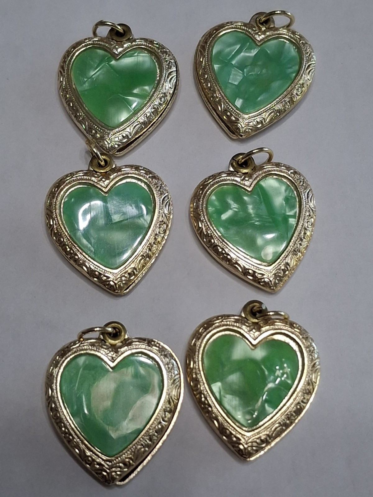 6 Vintage Goldtone 1″ Asst Heart Lockets Charm Pendant Enameled Exoxal Aluminum