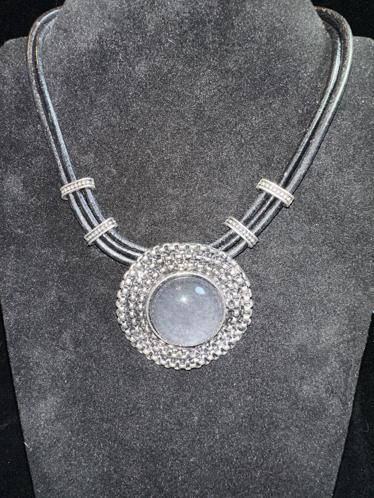 Vintage Black leather and Silver Tone with gray Cabochon Statement Necklace