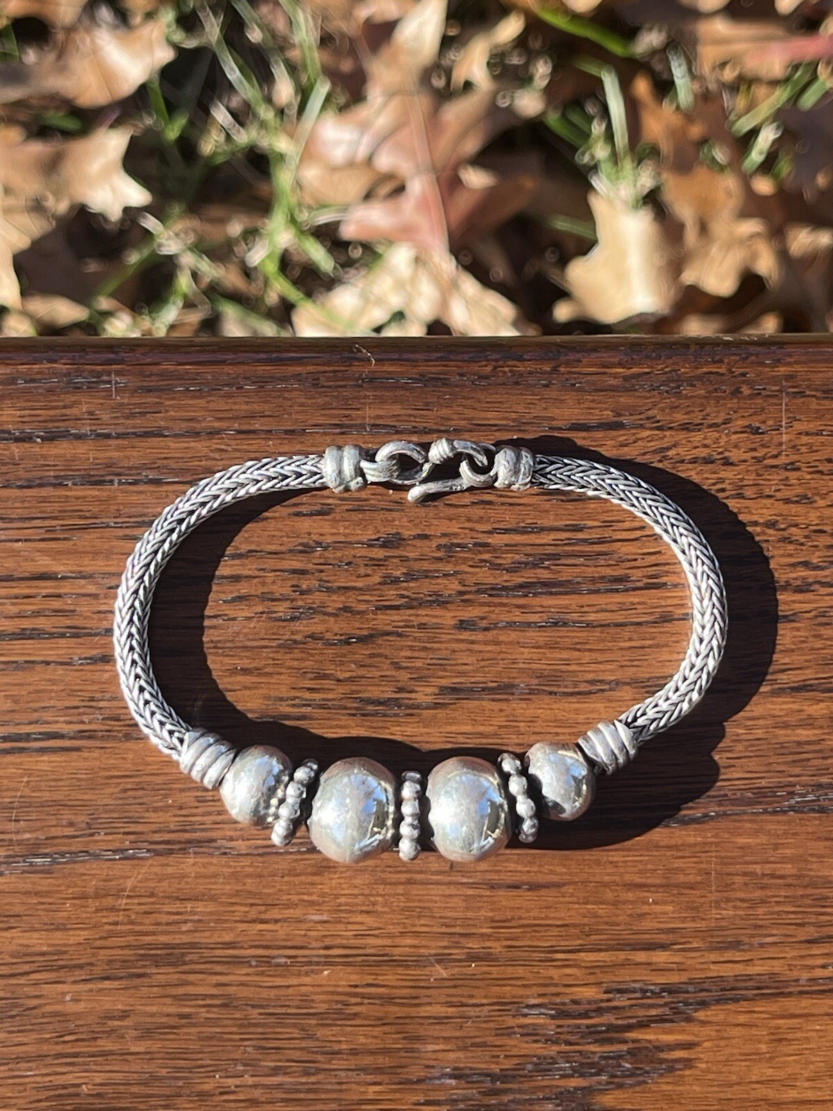 Vintage Sterling Silver Wheat Link Beaded Bracelet
