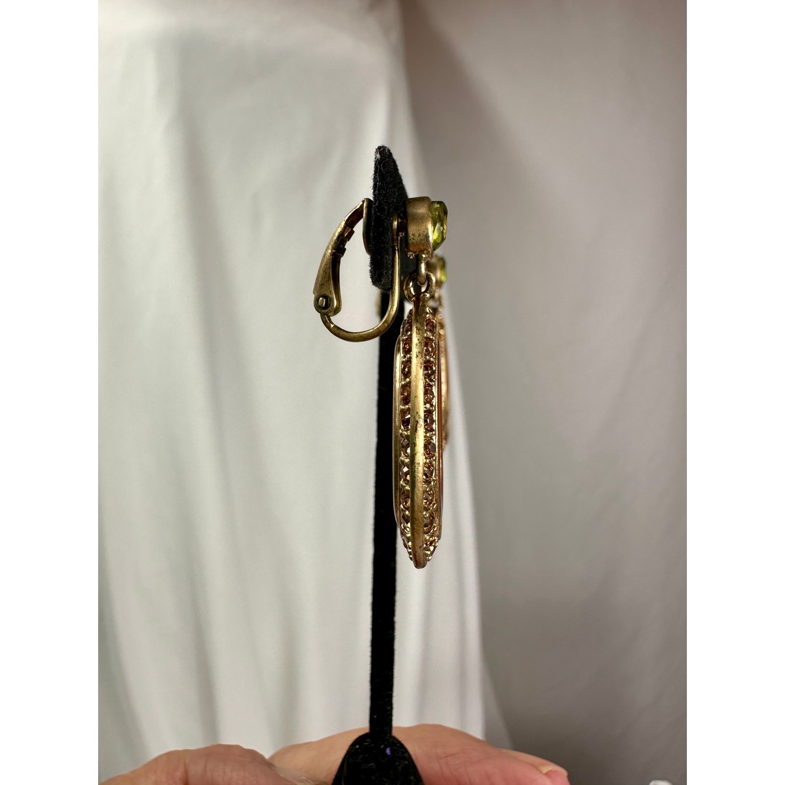 Vintage Liz Claiborne Teardrop Dangle Earrings Amber Resin Rhinestone Gold Tone