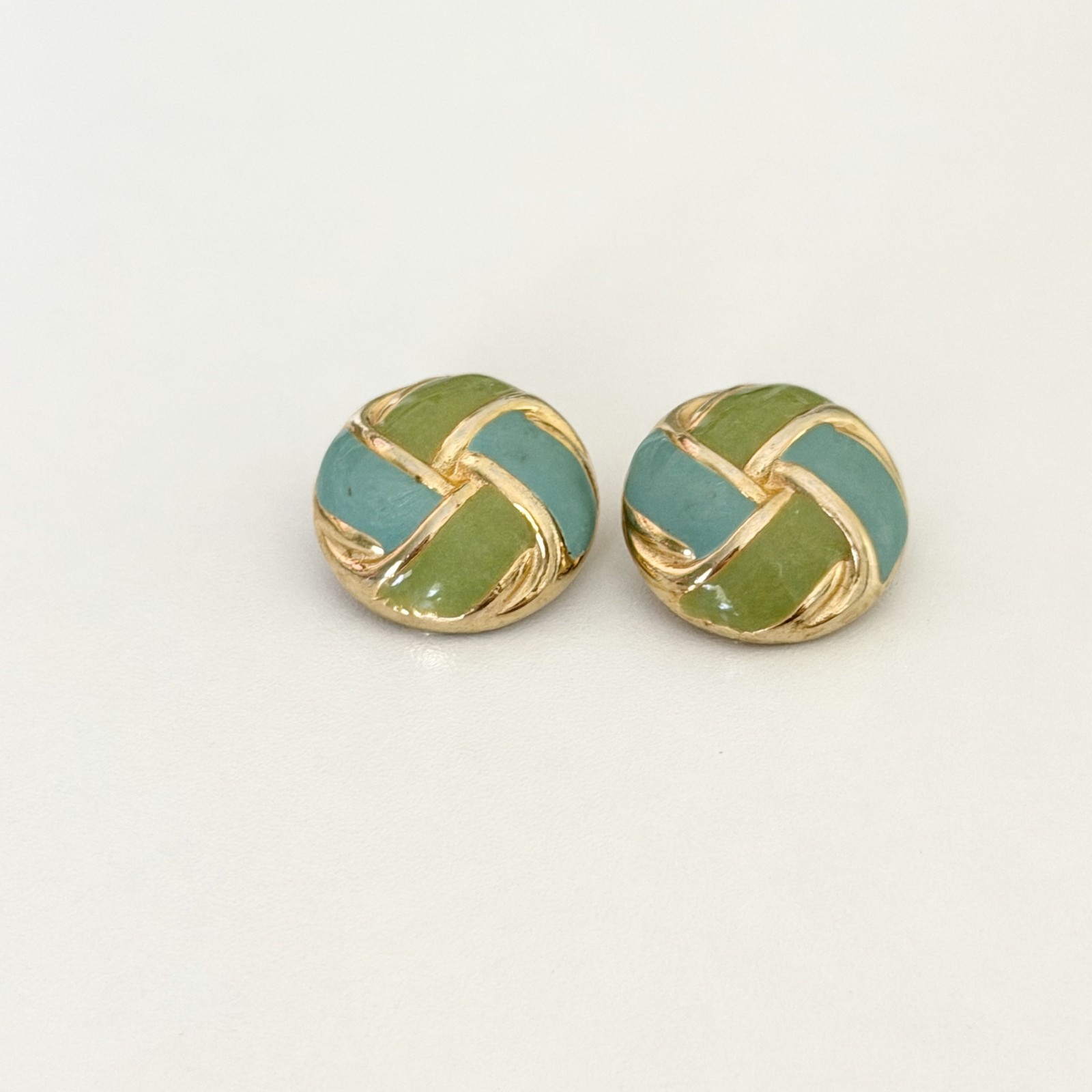 Vintage Gay Boyer Signed Green Blue Enamel Round Twist Clip On Earrings