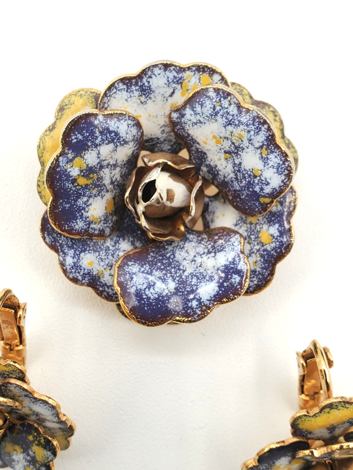 Vintage Blue & White Enamel Brooch & Clip Earring Set