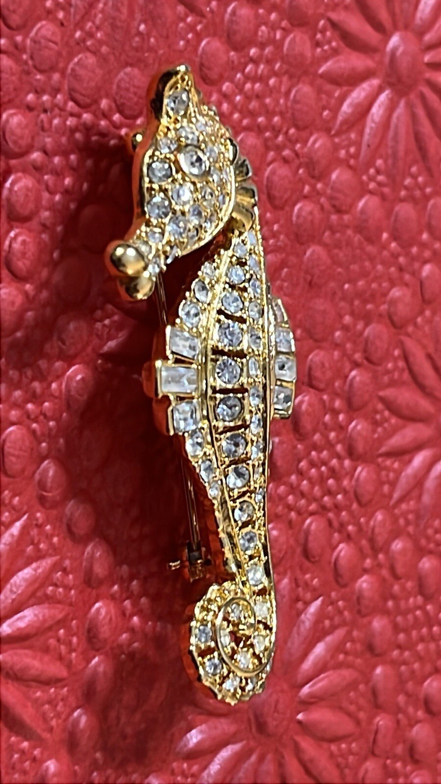 Nolan Miller Goldtone Seahorse Brooch Clear Round And Emerald Cut Rhinestones