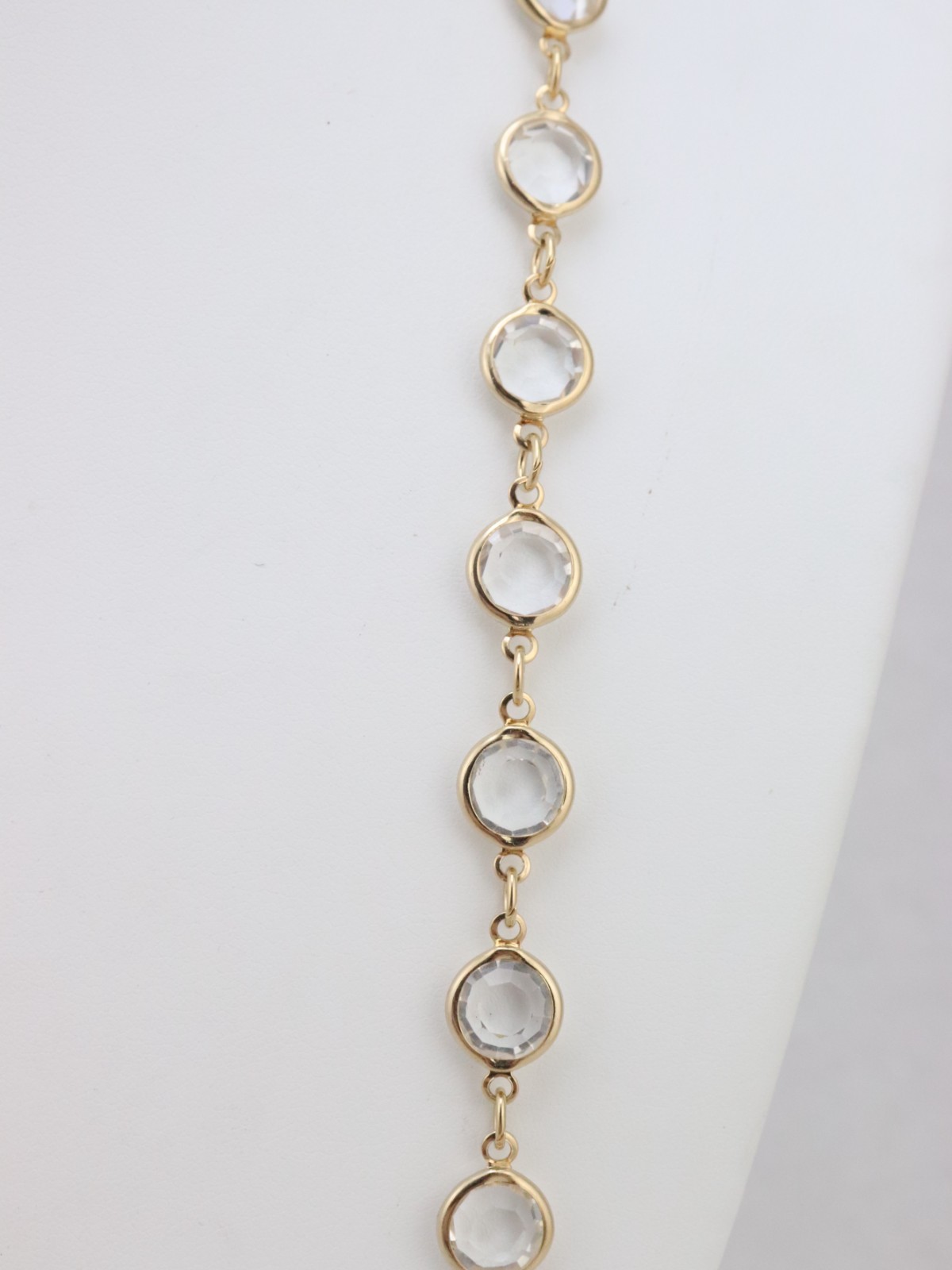 34″ Long 9mm Clear Crystal Bezel Rhinestone Necklace Signed AUSTRIAN USA Gold Tn