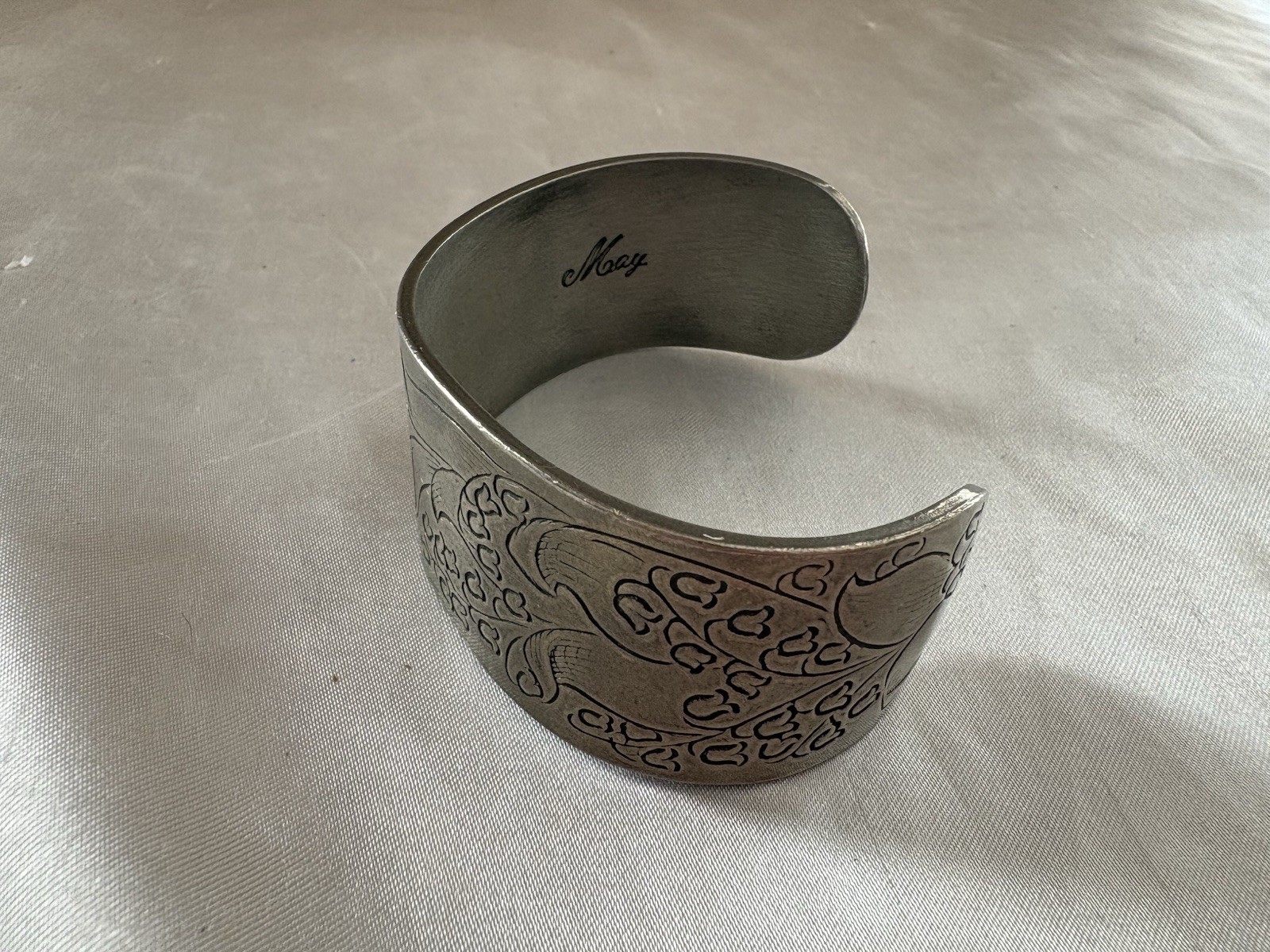 Vintage Flower Salisbury Pewter Cuff Bangle Bracelet Engraved Etched May