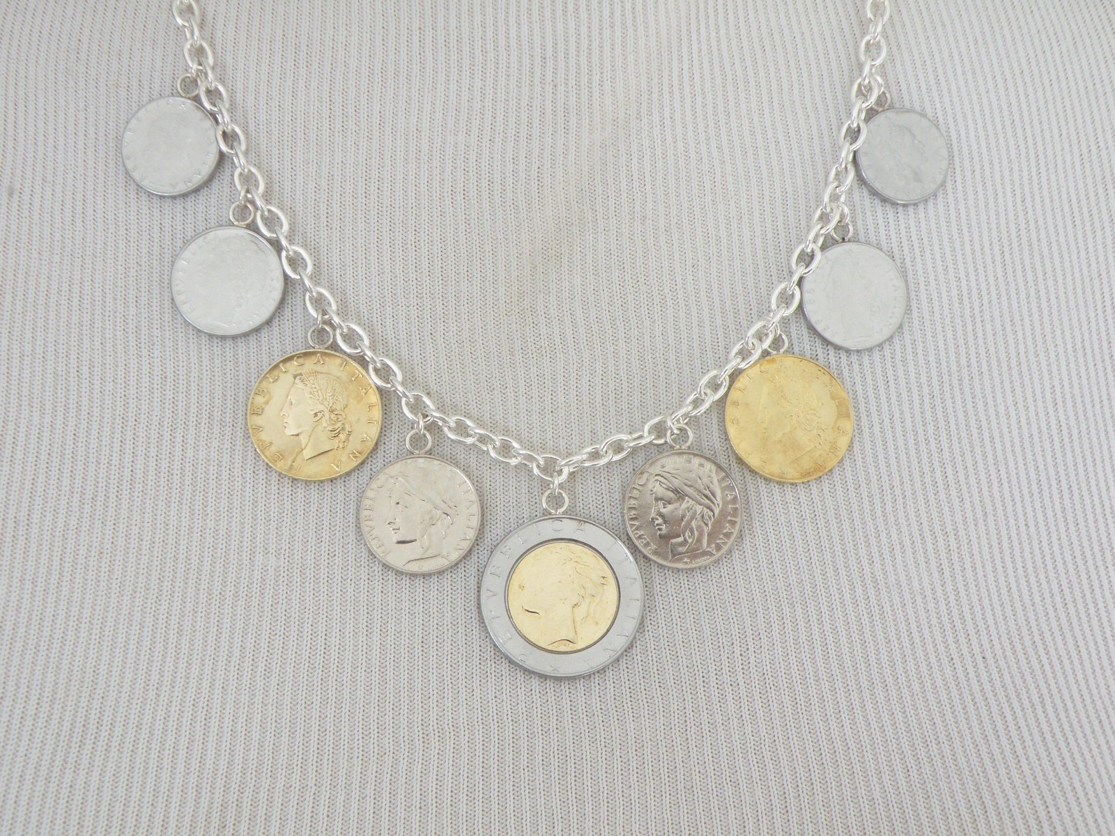 Milor Italy Sterling Silver 925 Italian Coin Charm Rolo Link Heavy Necklace 20″