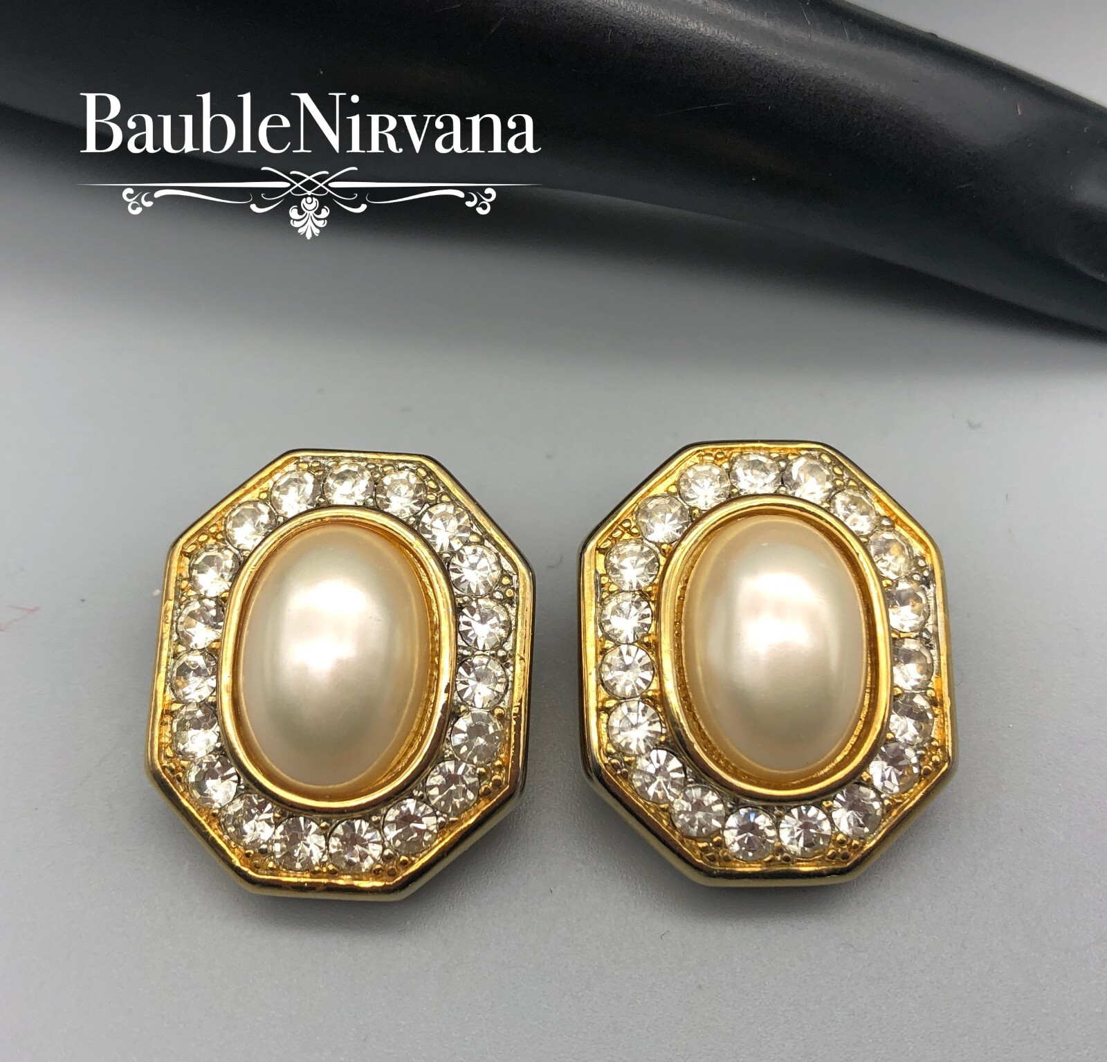 Vintage 1980s TAT Crystal Shimmering Faux Pearl & Yellow Gold Plated Earrings