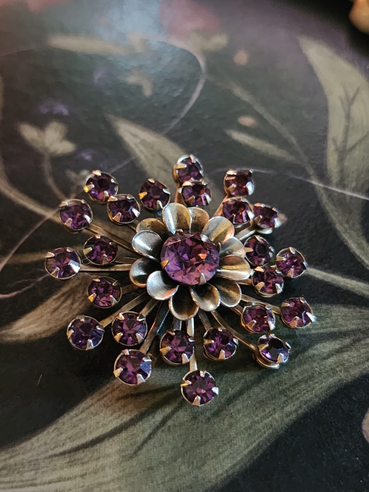 Vintage MCM Purple Rhinestone Floral Cluster Starburst Brooch
