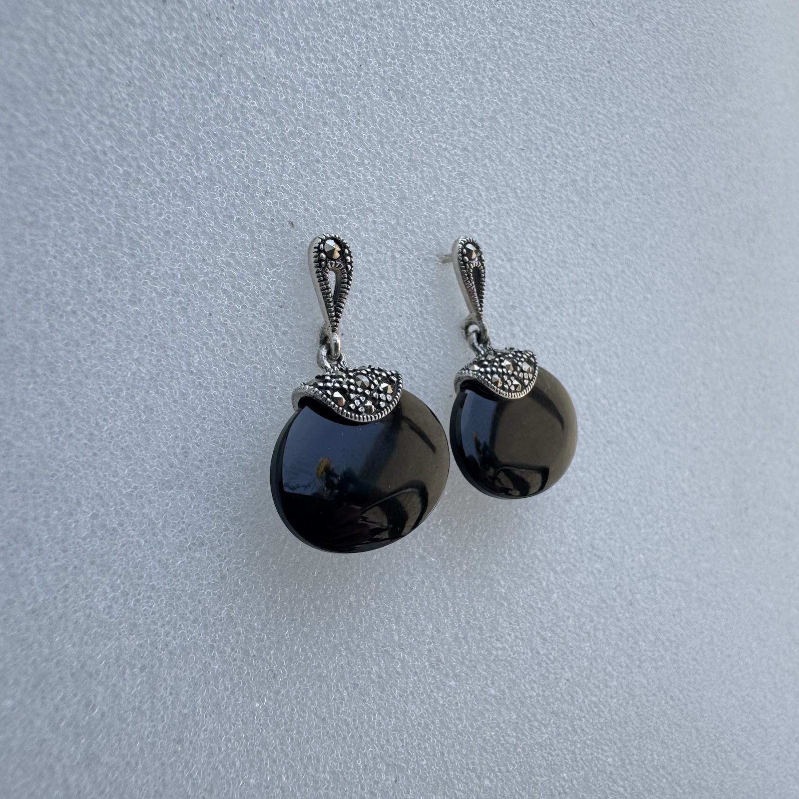 Vintage 925 Sterling Silver Black Onyx Marcasite Dangle Earrings Signed R
