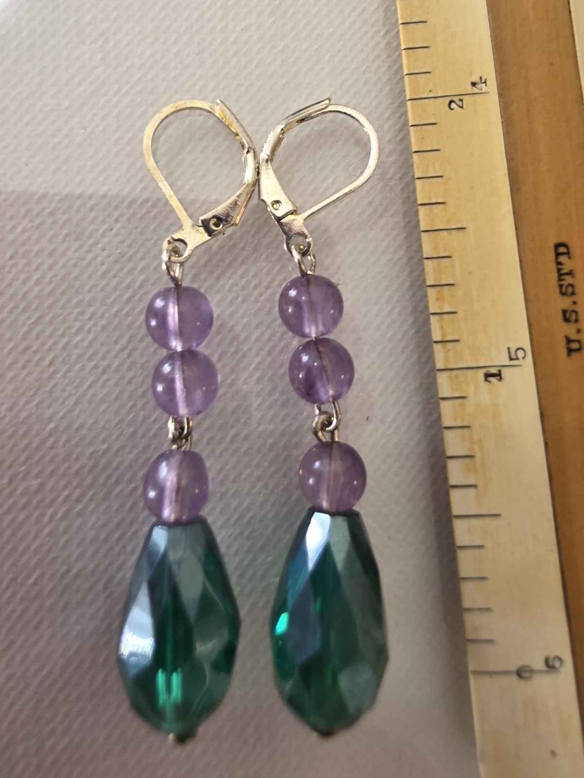 Vintage Lt. Purple and Teal Preciosa AB Drops Dangles Earrings Spl. leverbk