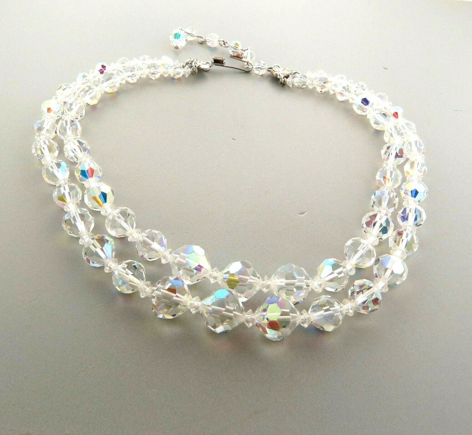 Vintage Clear Crystal Bead Necklace Double Strand 6-12mm 14*16.5 in