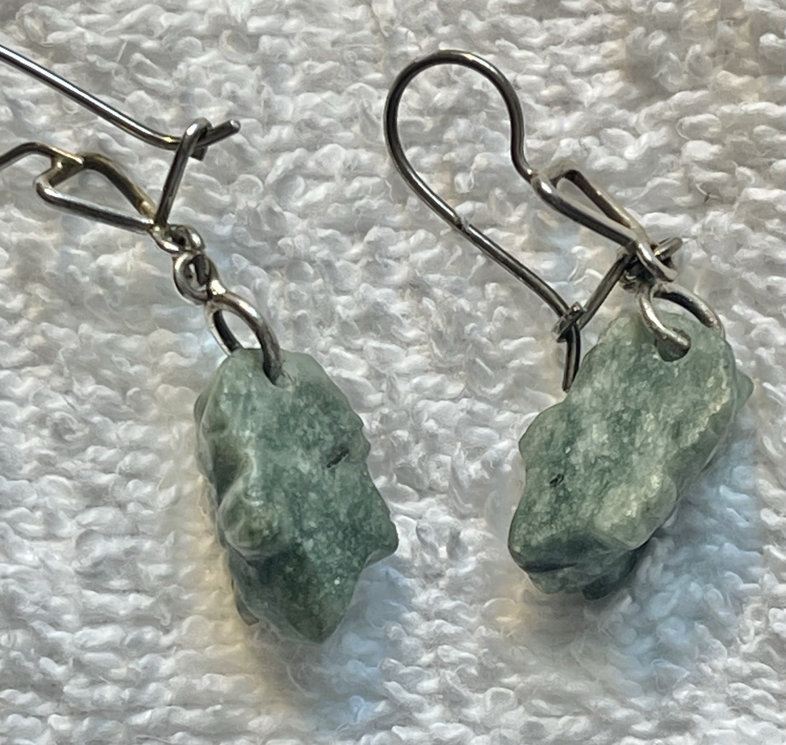 Vintage Mayan Aztec Mask Head Dangle Earrings Green Face Jade (?) Stone Silver
