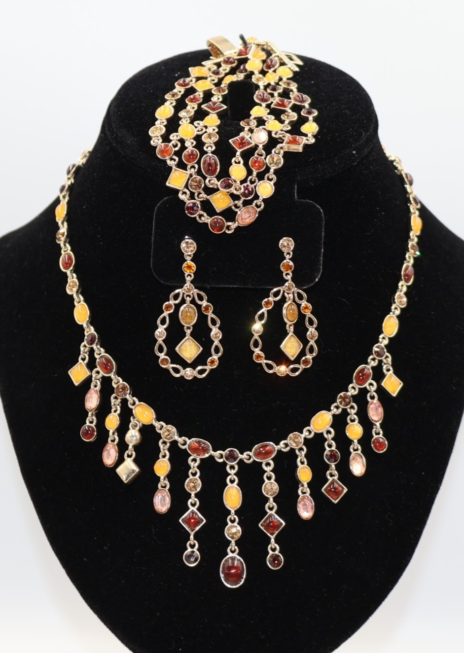 Vintage Honey & Brown Amber w/ Gold Rhinestones Necklace, Bracelet & Earrings