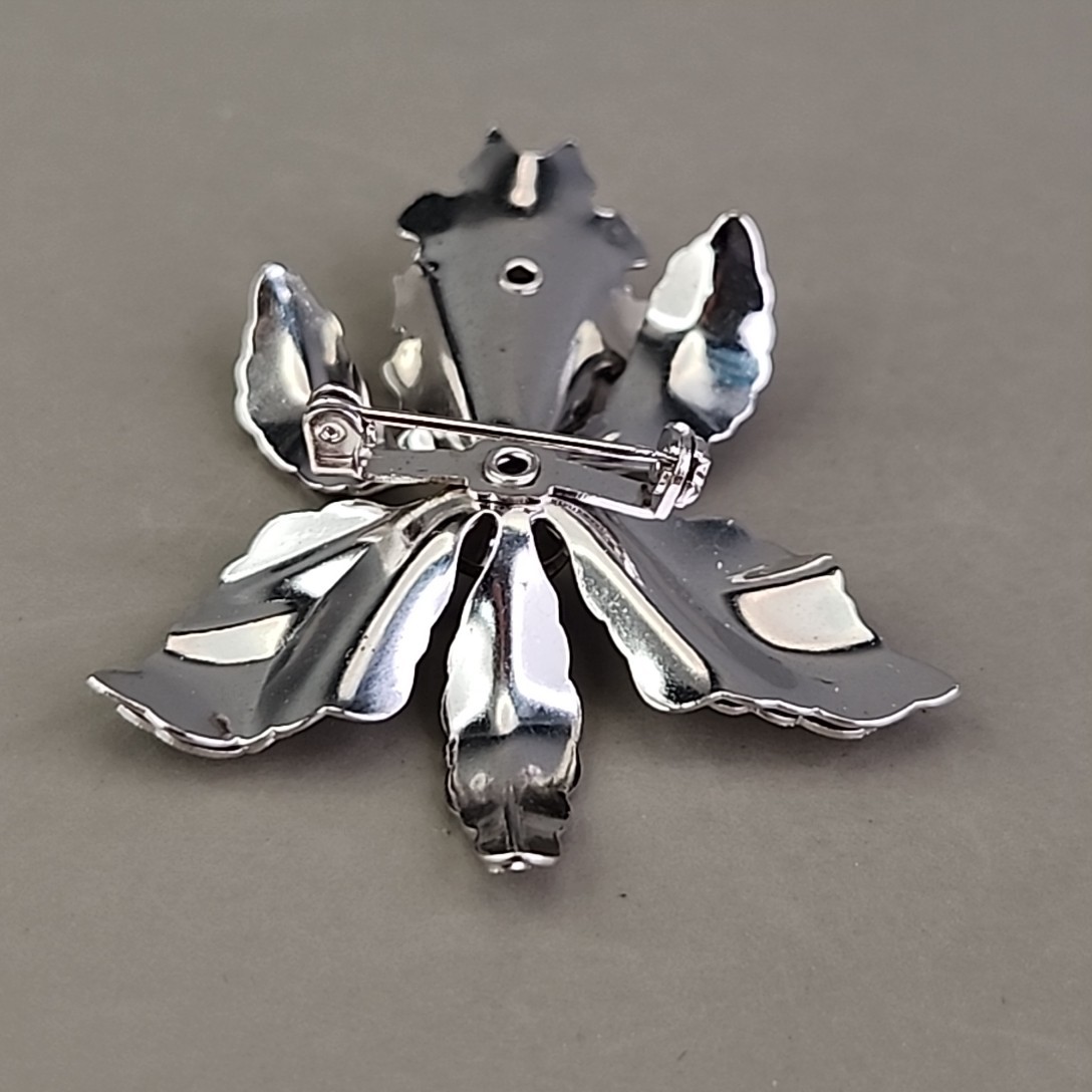 Vintage Flower Brooch Orchid Purple Rhinestone Silver Tone 2″
